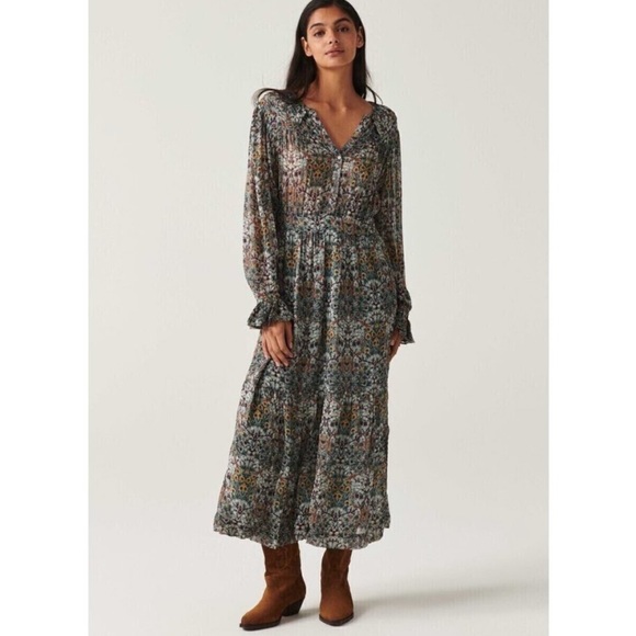 New Ba&sh Phoenix Long Sleeve Floral Chiffon Midi Dress in Amande Size Large
